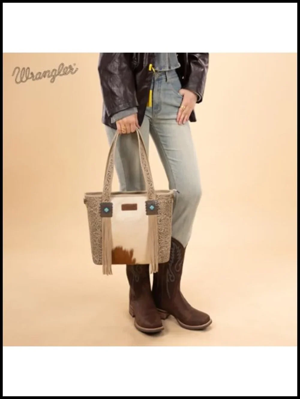 Western Cowhide Hair-On Leather Tote Bag with Turquoise Concho